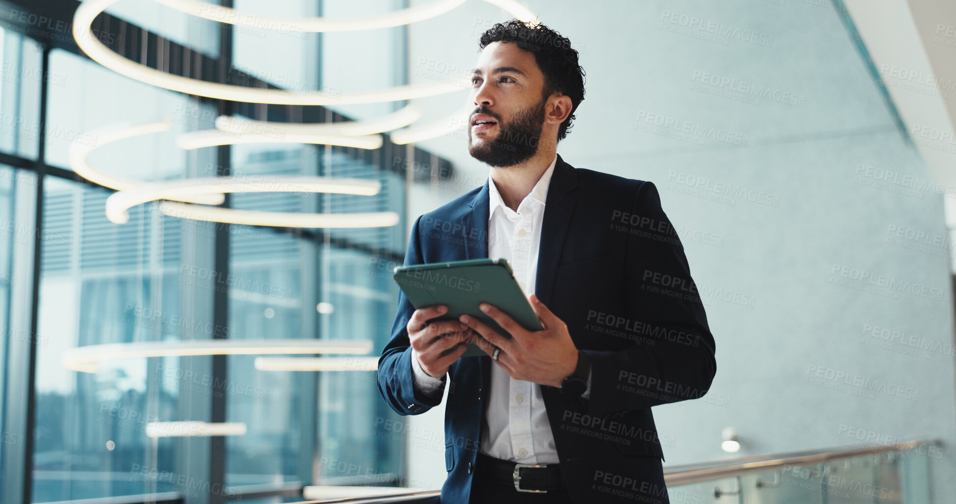 Buy stock photo Thinking, tablet and business man at hotel for conference, keynote speaker and research. Vision, future and seminar schedule with person in lobby of convention center for idea, memory and tradeshow
