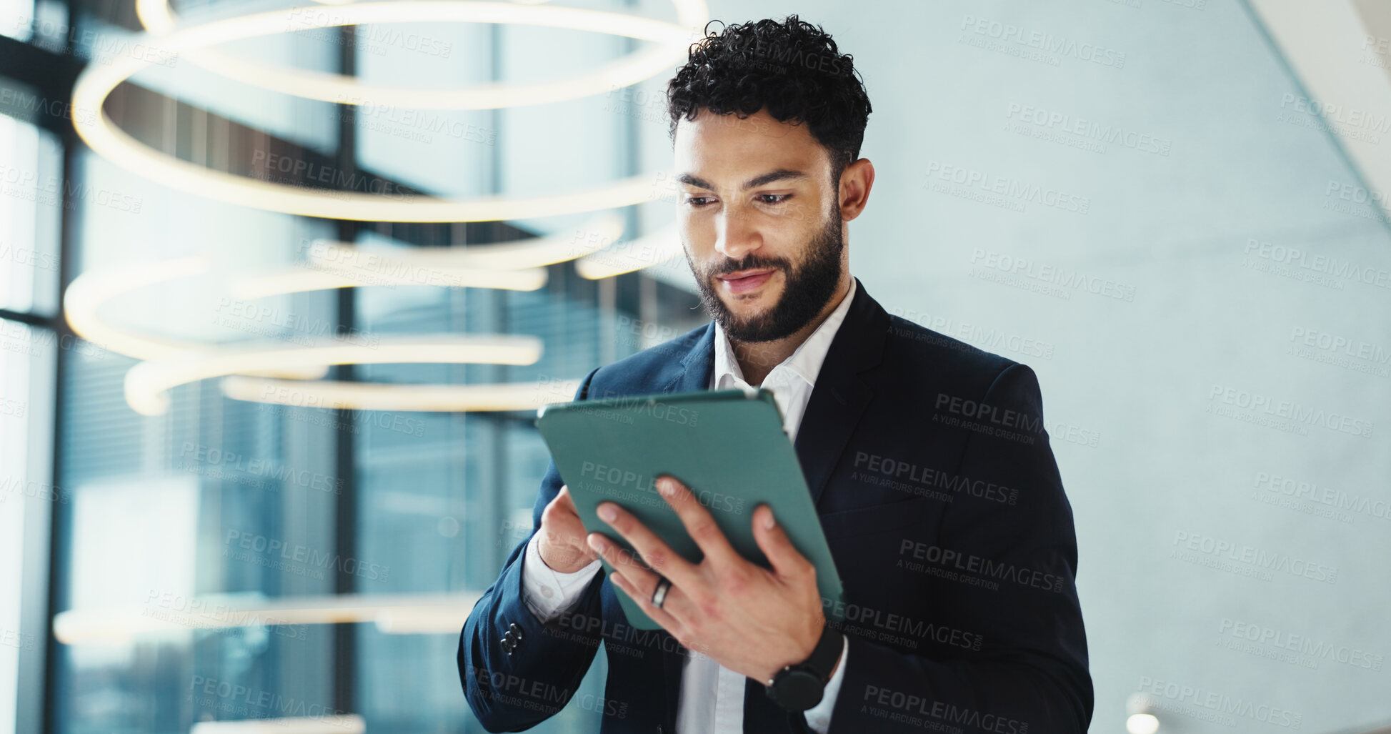 Buy stock photo Man, happy and tablet in office for business, economy research or stock market update in news. Trader, technology or online in agency for ecommerce, investment returns or internet banking with profit