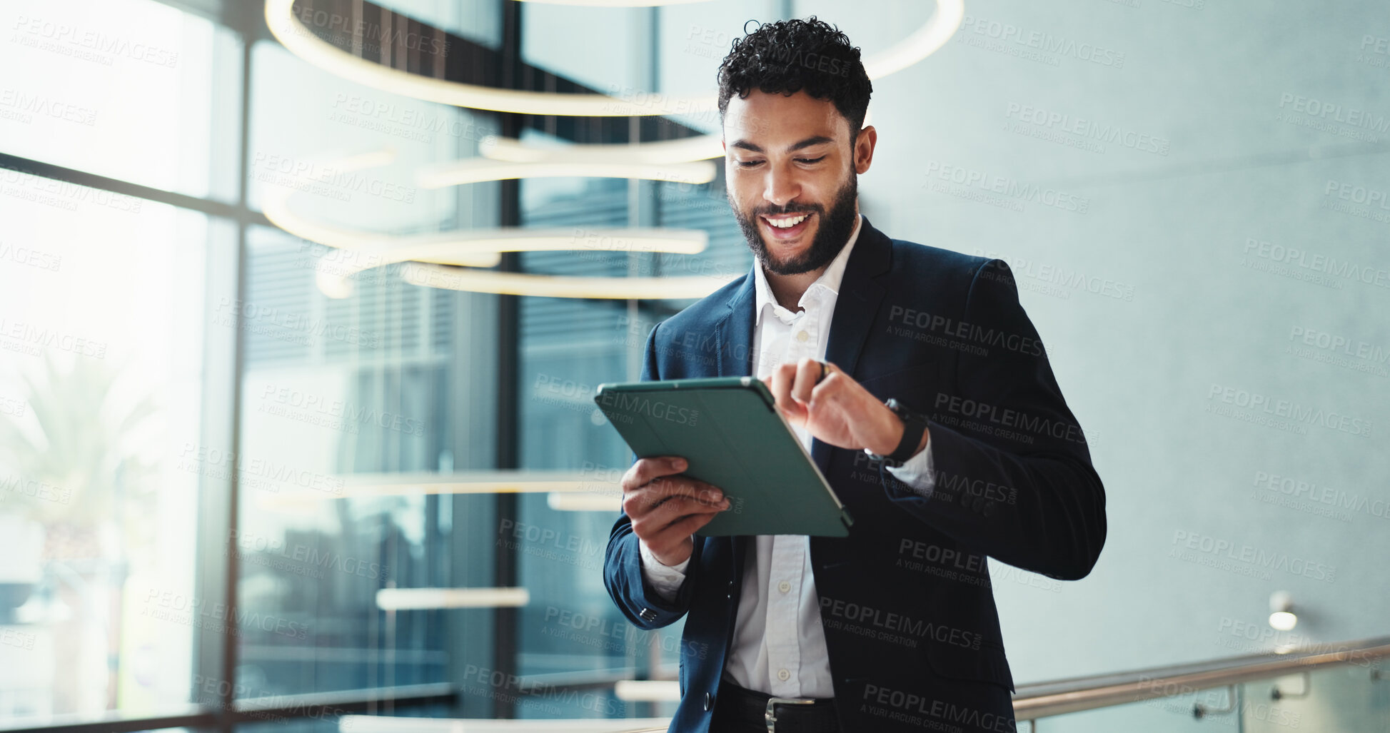 Buy stock photo Hotel, lobby and businessman with tablet for report, schedule information or conference hall planning. Seminar, employee and keynote speaker with smile for networking, research and online review