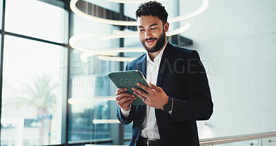 Buy stock photo Businessman, happy and tablet in office for email, economy research and stock market update in news. Trader, tech or online in agency for ecommerce, investment returns or internet banking with profit