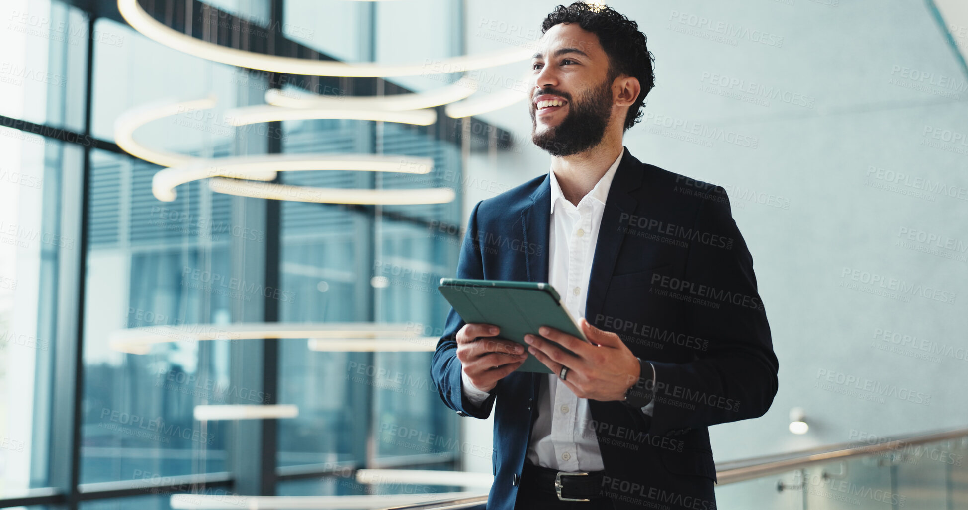 Buy stock photo Businessman, happy and thinking in office with tablet, economy research and financial planning. Trader, technology or idea in agency for ecommerce, investment decision or internet banking with profit