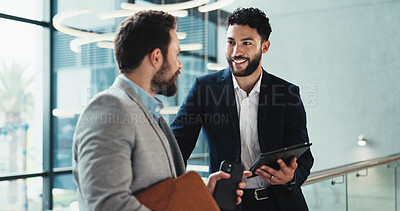 Buy stock photo Office, lobby and business people with tablet for feedback, schedule information or conference hall advice. Seminar, employee and keynote speaker with smile for networking, research and online review