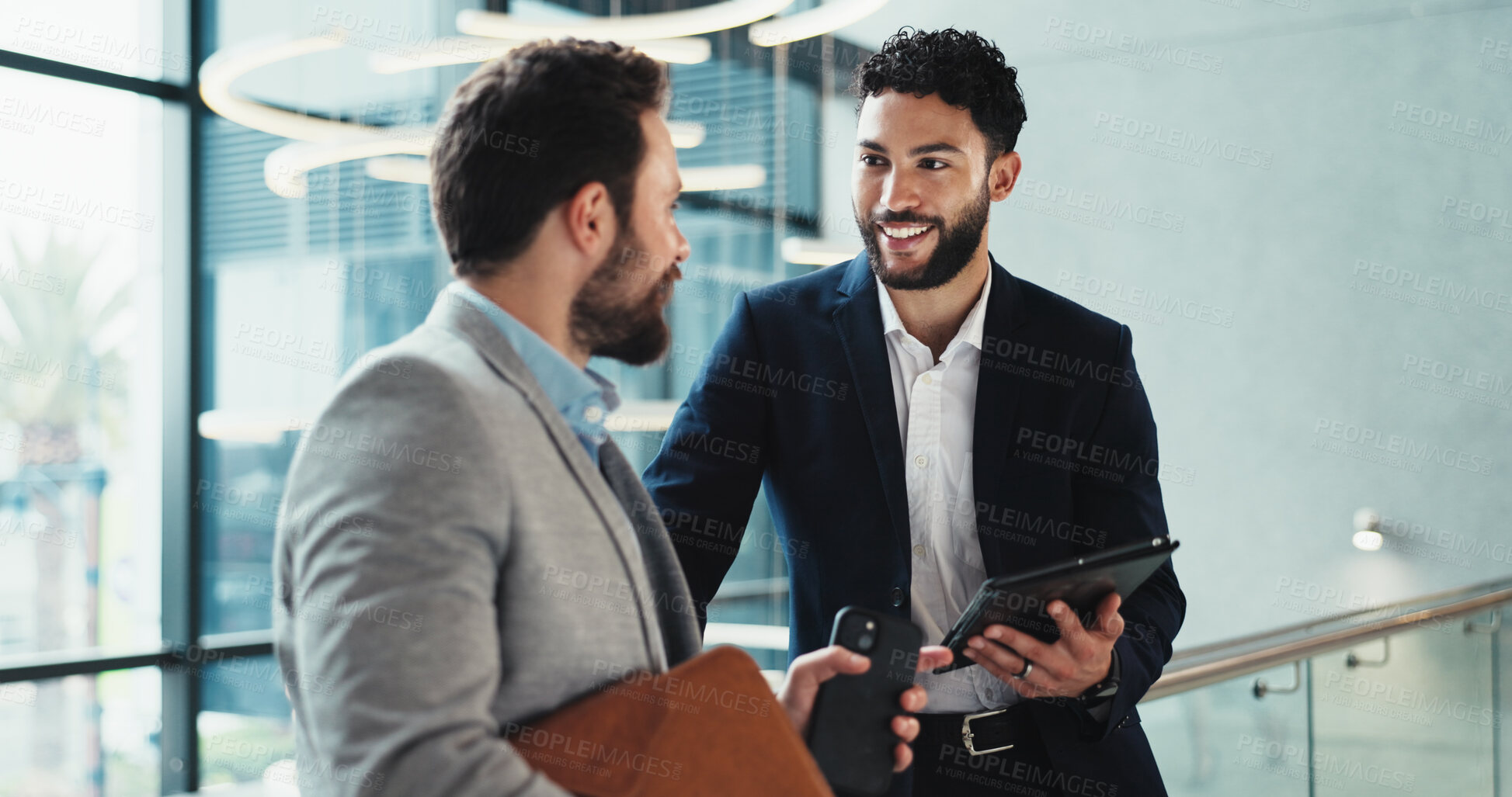 Buy stock photo Office, lobby and business people with tablet for feedback, schedule information or conference hall advice. Seminar, employee and keynote speaker with smile for networking, research and online review