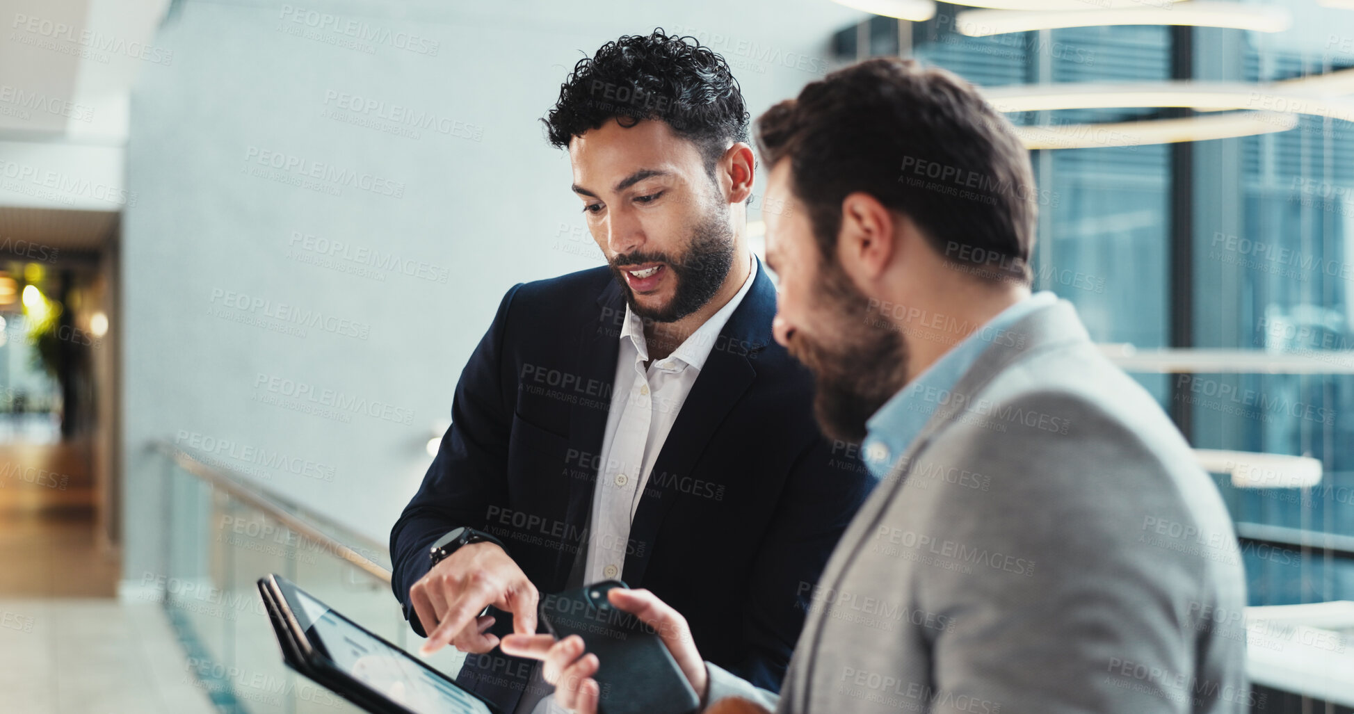 Buy stock photo Hotel, lobby and business people with tablet for feedback, schedule information or conference hall advice. Seminar, employee and keynote speaker with smile for networking, research and online review