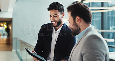 Buy stock photo Office, smile and men with tablet, online and showing of financial report for audit, accountant or digital. Business, people and bookkeeper with budget for investment, meeting and happy for revenue