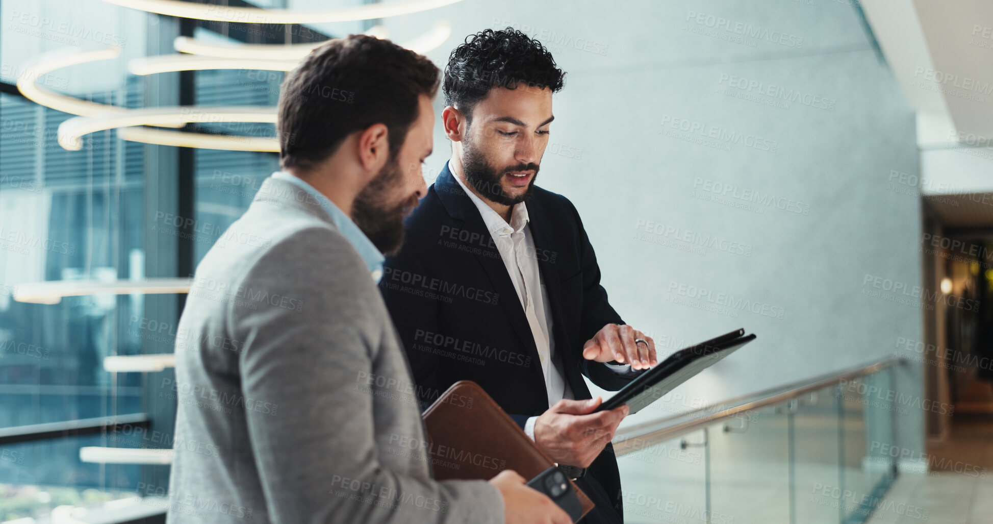 Buy stock photo Hotel, lobby and business people with tablet for advice, schedule information or conference hall discussion. Seminar, employee and keynote speaker with smile for networking, research or online review