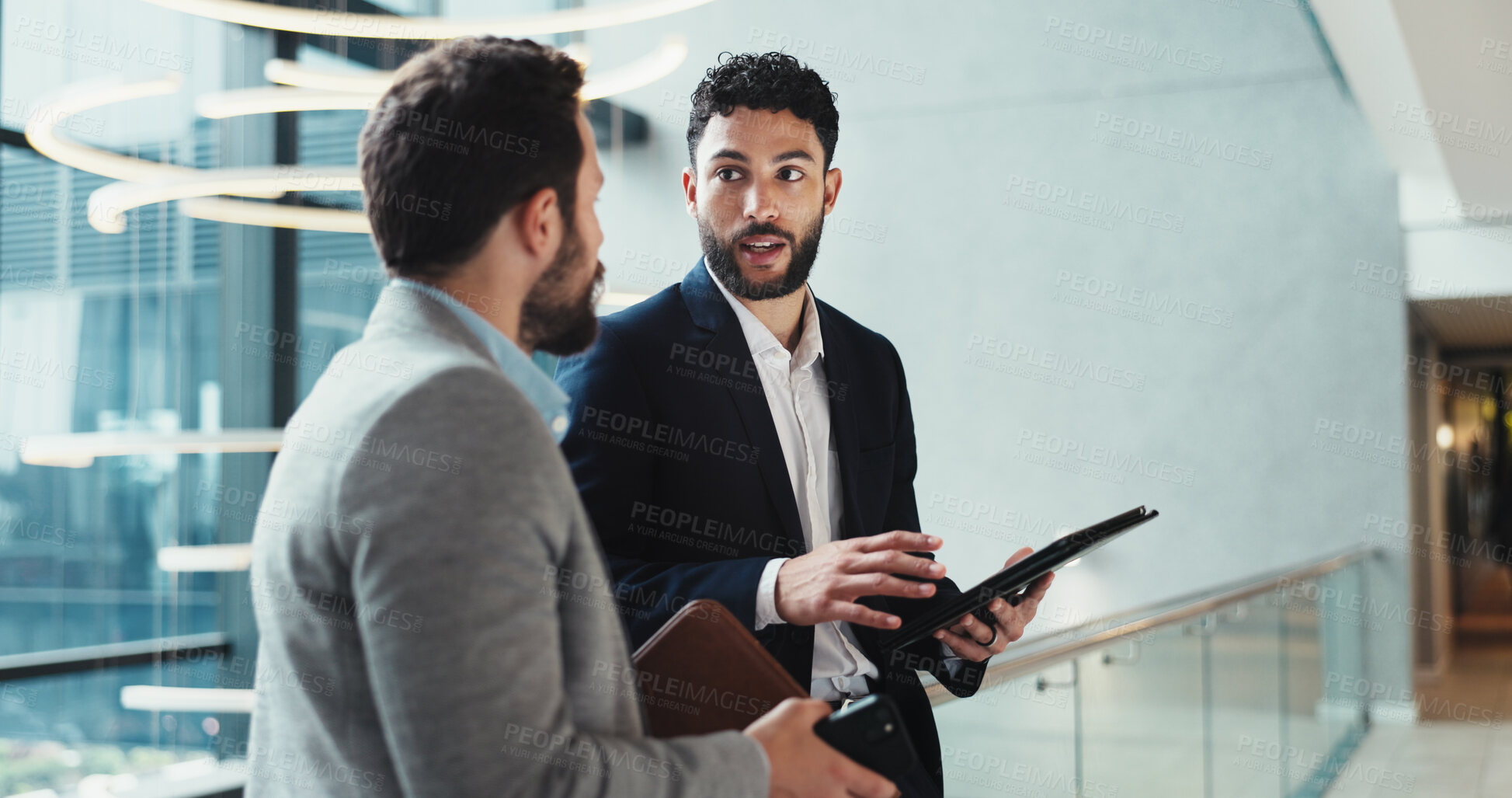 Buy stock photo Office, lobby and business men with tablet for advice, schedule information or conference hall discussion. Seminar, employee and keynote speaker with smile for networking, research or online review