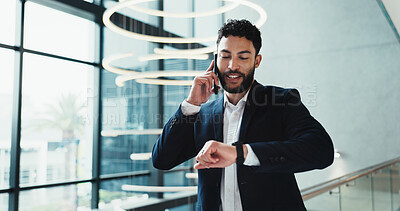 Buy stock photo Phone call, schedule and man with watch, office and planning for meeting with contact, smile and chat. Communication, talking and preparation for time of appointment, real estate agent and morning