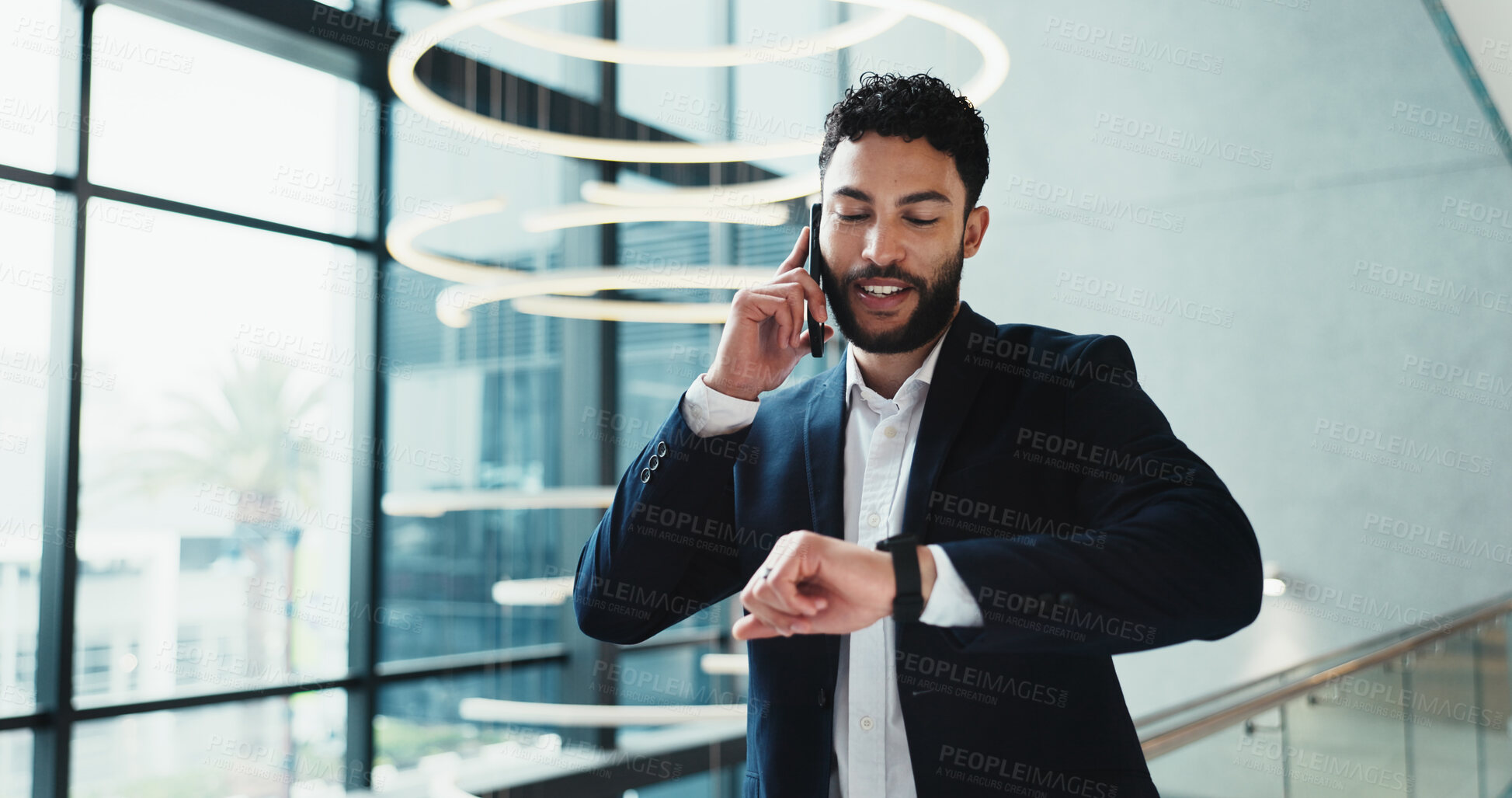 Buy stock photo Phone call, schedule and man with watch, office and planning for meeting with contact, smile and chat. Communication, talking and preparation for time of appointment, real estate agent and morning