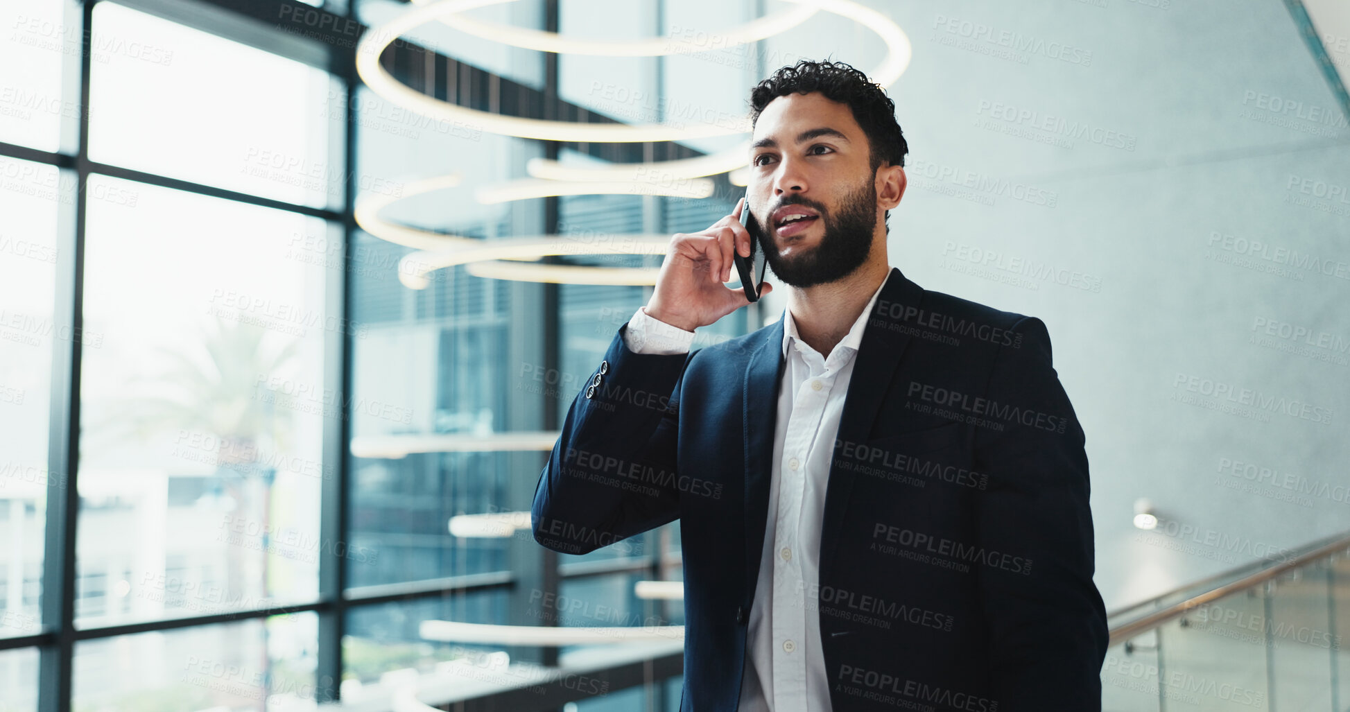 Buy stock photo Explaining, serious and man in office, phone call and negotiation for price of property and conversation. Communication, real estate agent and planning for project with contact, window and mobile