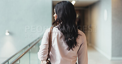 Buy stock photo Thinking, back and business woman with idea, planning or problem solving in creative startup. Vision, office or employee with solution, professional insight and editor walk to leave lobby or hallway