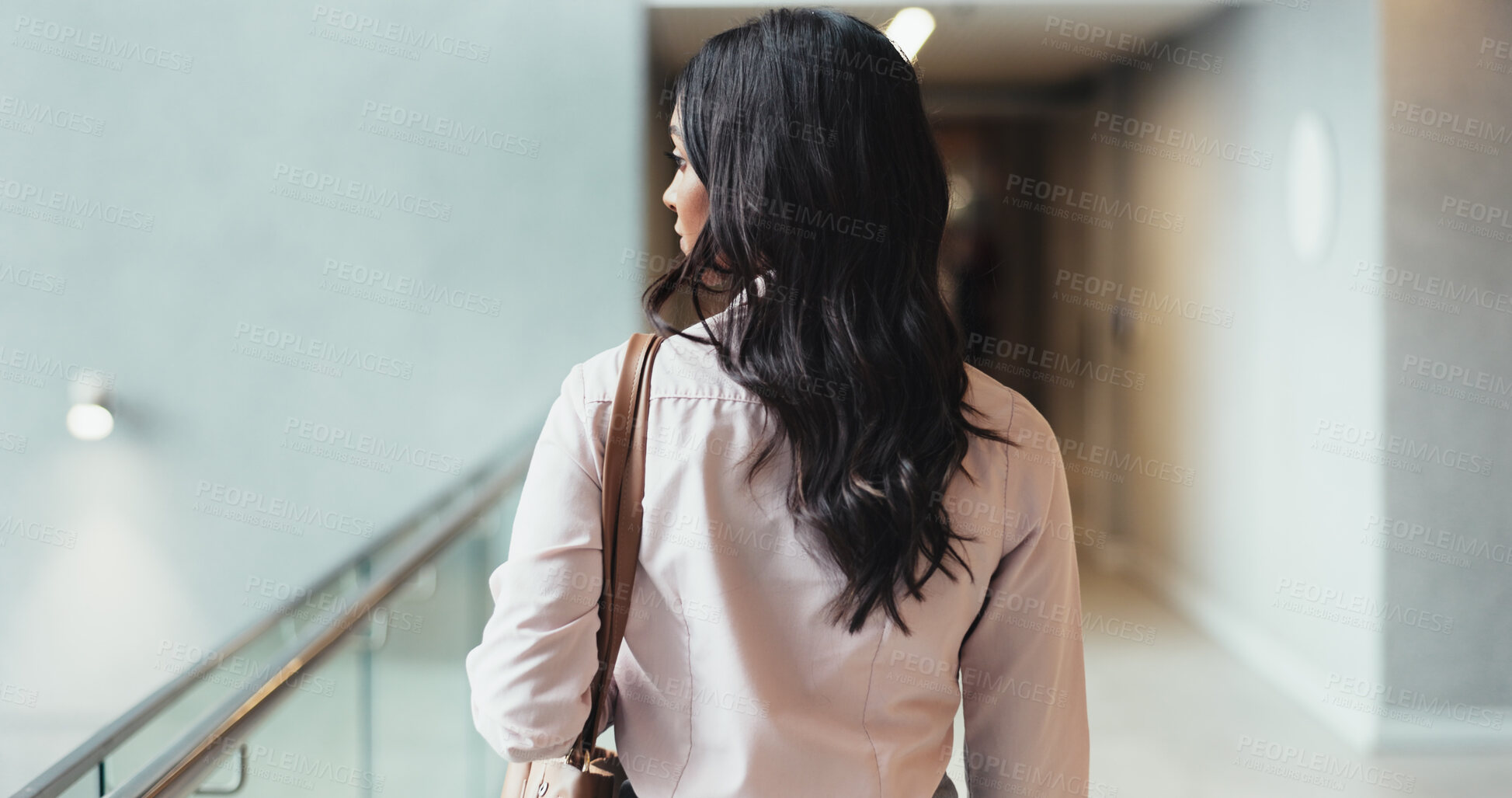 Buy stock photo Thinking, back and business woman with idea, planning or problem solving in creative startup. Vision, office or employee with solution, professional insight and editor walk to leave lobby or hallway