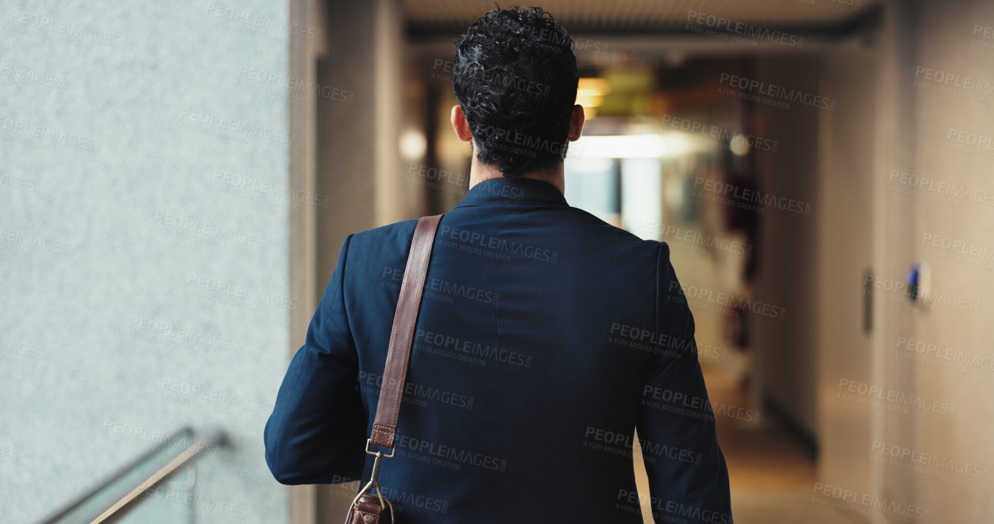 Buy stock photo Back, job opportunity and walking with business man in corridor of office for start of career. Ambition, arrival and new beginning with corporate employee in suit for professional development