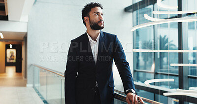 Buy stock photo Thinking, corporate and business man at hotel for conference, keynote speaker and reflection. Vision, future and seminar with person in lobby of convention center for idea, memory and tradeshow event
