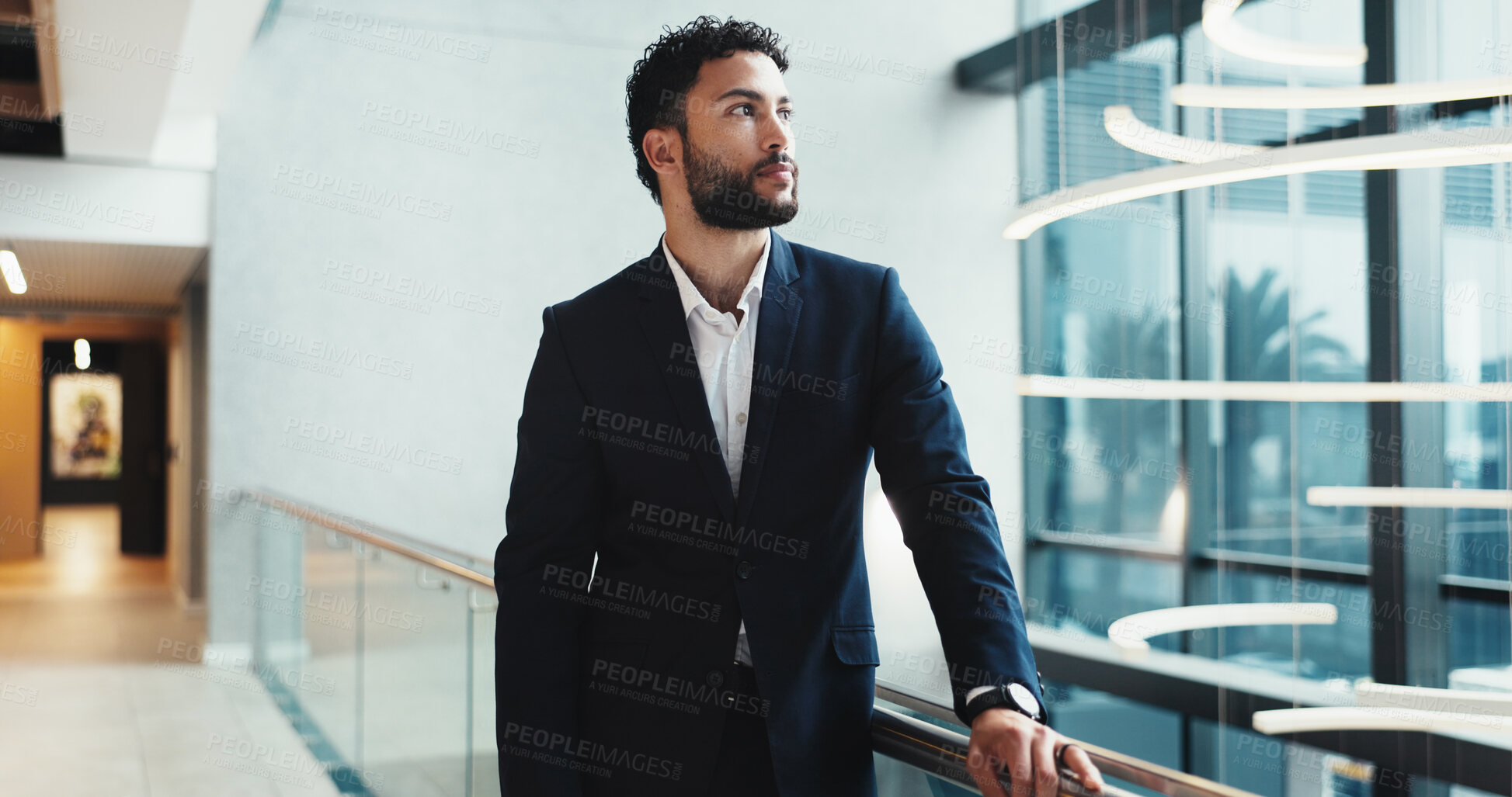 Buy stock photo Thinking, corporate and business man at hotel for conference, keynote speaker and reflection. Vision, future and seminar with person in lobby of convention center for idea, memory and tradeshow event