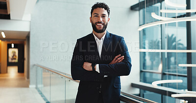Buy stock photo Man, confident or portrait in office for business, corporate law opportunity or happy for about us. Employee, lawyer or arms crossed in workplace with smile, expertise or pride for career development