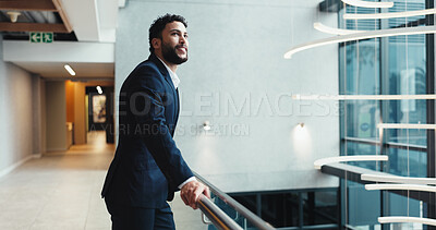 Buy stock photo Vision, corporate and business man at hotel for conference, keynote speaker and reflection. Thinking, future and seminar with person in lobby of convention center for idea, memory and tradeshow event