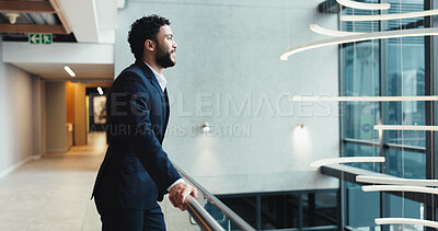Buy stock photo Thinking, happy and profile of business man at hotel for conference, keynote speaker and reflection. Vision, future and seminar with person in lobby of convention center for idea, memory or tradeshow