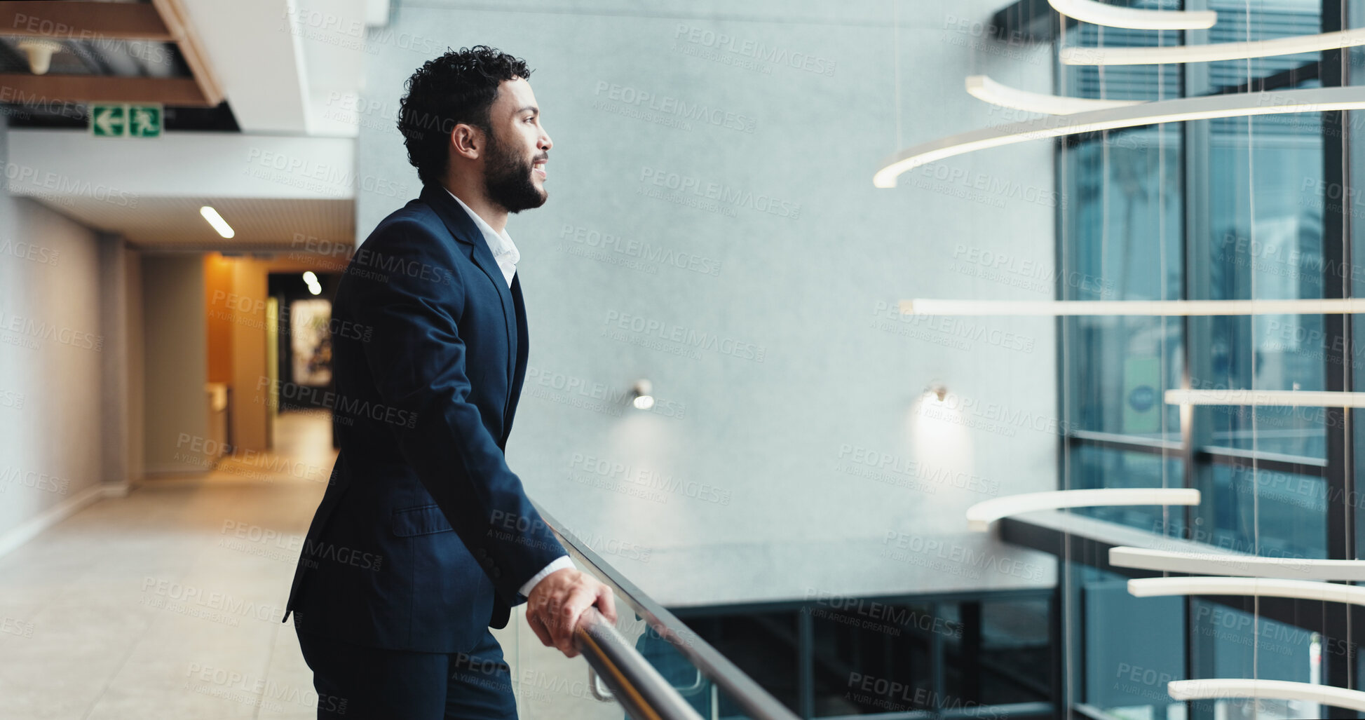 Buy stock photo Thinking, happy and profile of business man at hotel for conference, keynote speaker and reflection. Vision, future and seminar with person in lobby of convention center for idea, memory or tradeshow