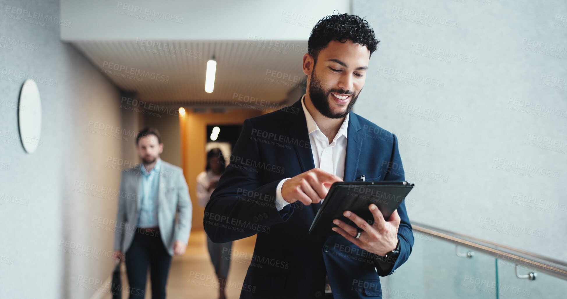 Buy stock photo Man, tablet and manager online in hotel, contemplating growth and consulting for hospitality. Business, male person and website on customer service at lodge, professional and planning for booking