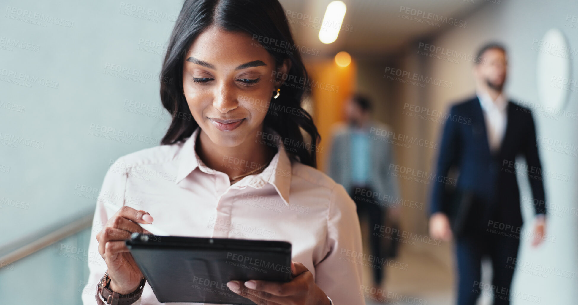Buy stock photo Conference, lobby and business woman with tablet for report, schedule information or office hall planning. Seminar, employee and keynote speaker with smile for networking, research and online review
