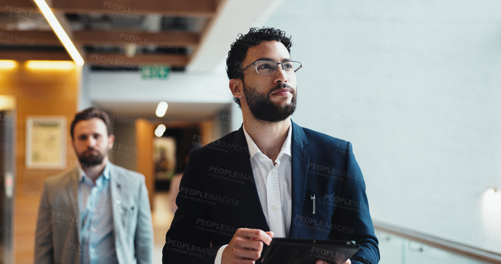 Buy stock photo Man, tablet and employee thinking in hotel, contemplating growth and consulting for hospitality. Business, male person and website on customer service at lodge, manager and planning for booking