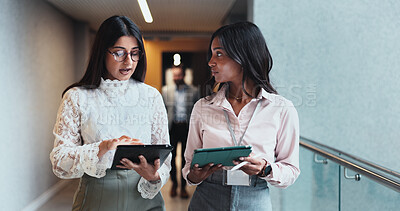 Buy stock photo Office, lobby and business women with tablet for report, schedule discussion or conference hall planning. Seminar, employee and keynote speaker with smile for networking, research and online review