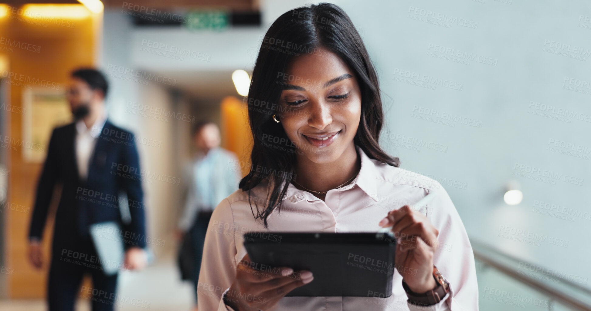 Buy stock photo Office, lobby and business woman with tablet for report, schedule information or conference hall planning. Seminar, employee and keynote speaker with smile for networking, research and online review