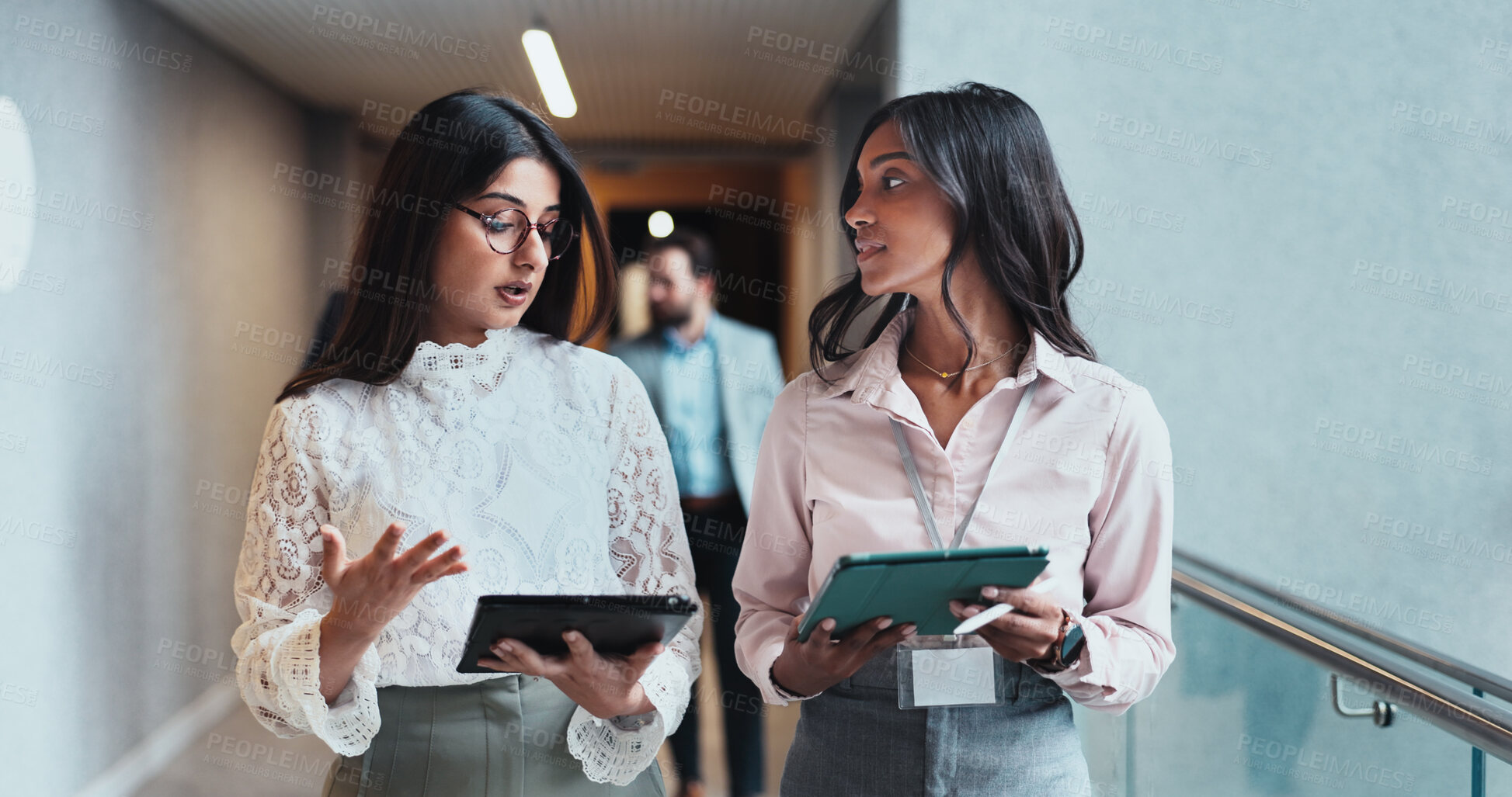 Buy stock photo Conference, lobby and business women with tablet for report, schedule discussion or hotel hall planning. Seminar, employee and keynote speaker with smile for networking, research and online review
