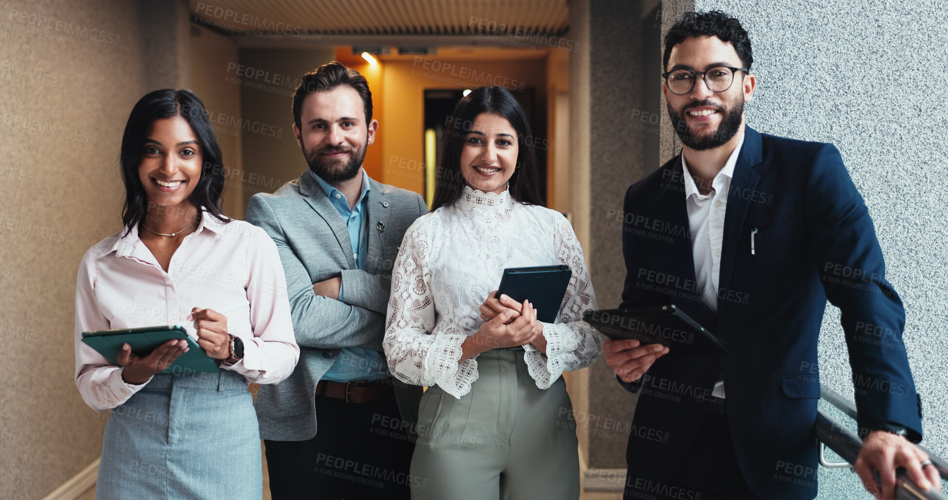 Buy stock photo Happy, teamwork and portrait of business people in office with tablet for website development. Collaboration, digital technology and group of data scientists with time series analysis for forecasting