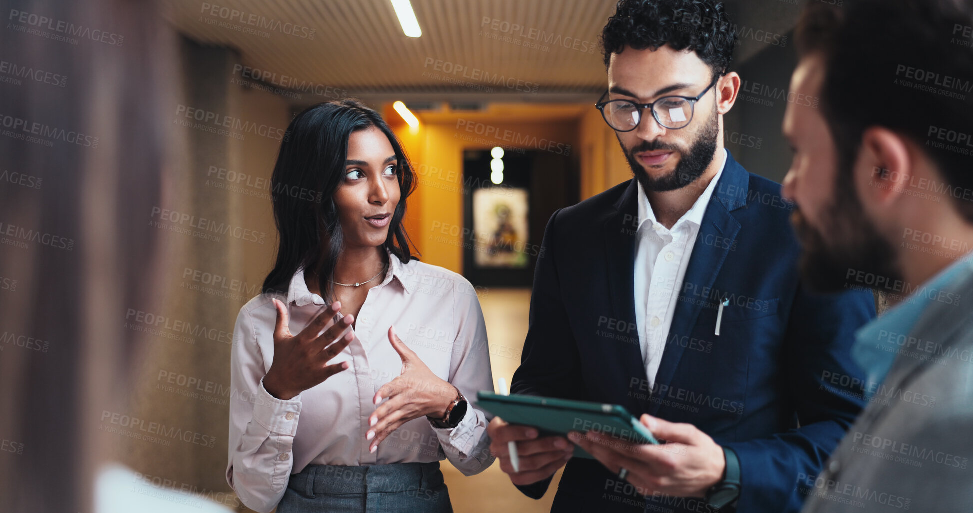 Buy stock photo Seminar, lobby and business people with tablet for feedback, schedule discussion or conference hall planning. Office, employee and keynote speaker with smile for networking, research or online review