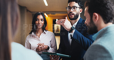 Buy stock photo Discussion, tablet or business people in lobby for project or schedule update in conference hall. Leader, employees or keynote speaker with staff in meeting for networking, seminar or event review