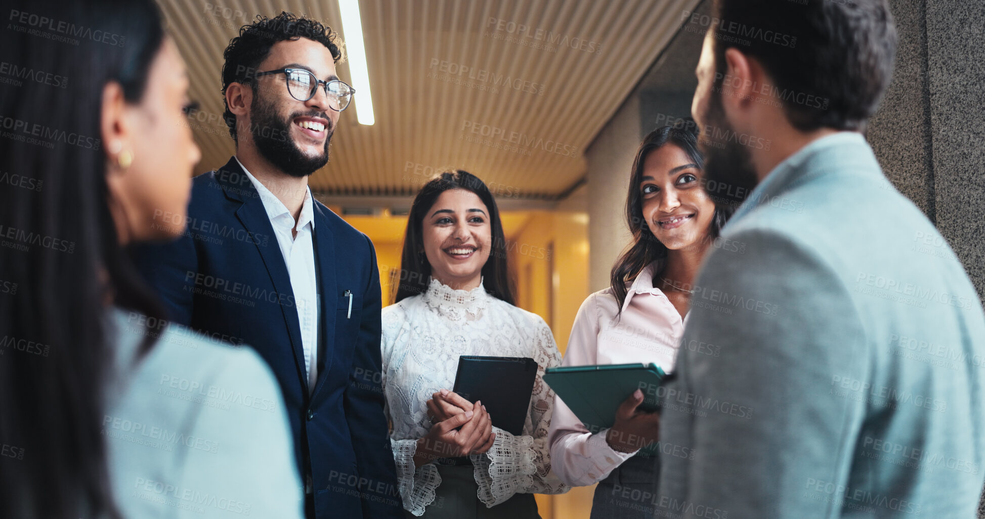 Buy stock photo Discussion, happy or business people in lobby for project, schedule update or conference hall advice. Staff, teamwork or keynote speaker with smile in meeting for networking, seminar or event review