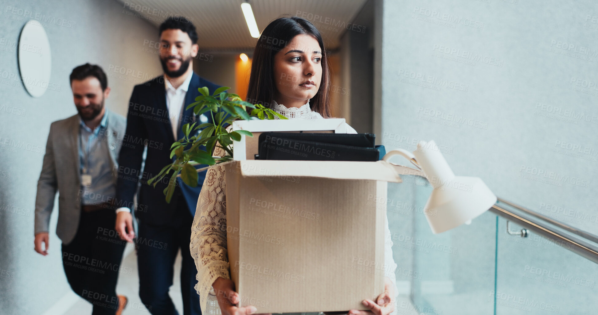 Buy stock photo Sad, business and woman walk with box for work dismissal, fired and retrenched of unemployment. Unhappy, female person and items with resignation, corporate bankruptcy and recession notice of jobless