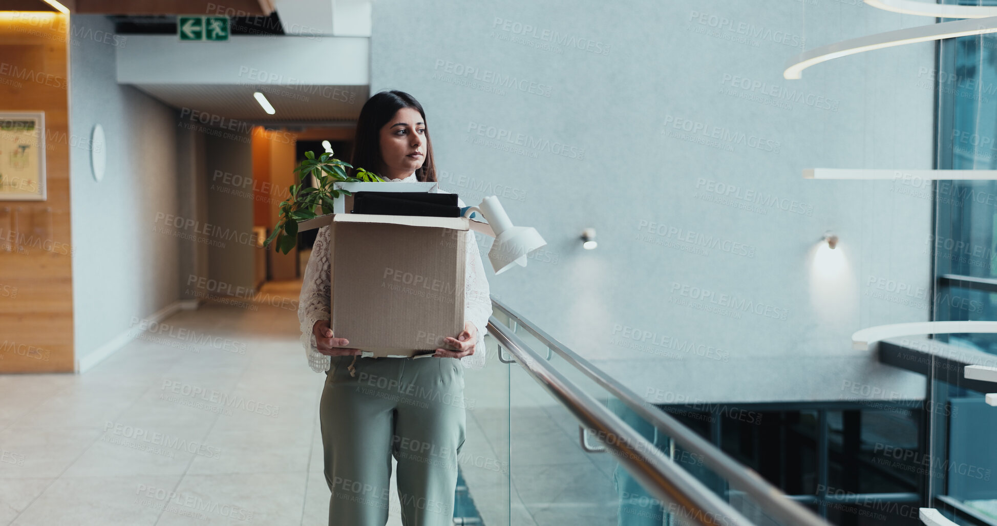 Buy stock photo Sad, corporate and woman walk with box for work dismissal, fired and retrenched of unemployment. Unhappy, female person and items for resignation, termination eviction and recession notice of jobless