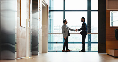 Buy stock photo Business, men and shaking hands in office for meeting, b2b partnership and greeting for cooperation. Handshake, smile and team introduction, welcome and hello at conference hallway in hotel lobby