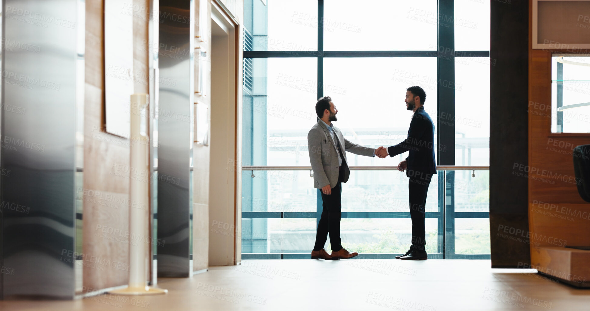 Buy stock photo Business, men and shaking hands in office for meeting, b2b partnership and greeting for cooperation. Handshake, smile and team introduction, welcome and hello at conference hallway in hotel lobby