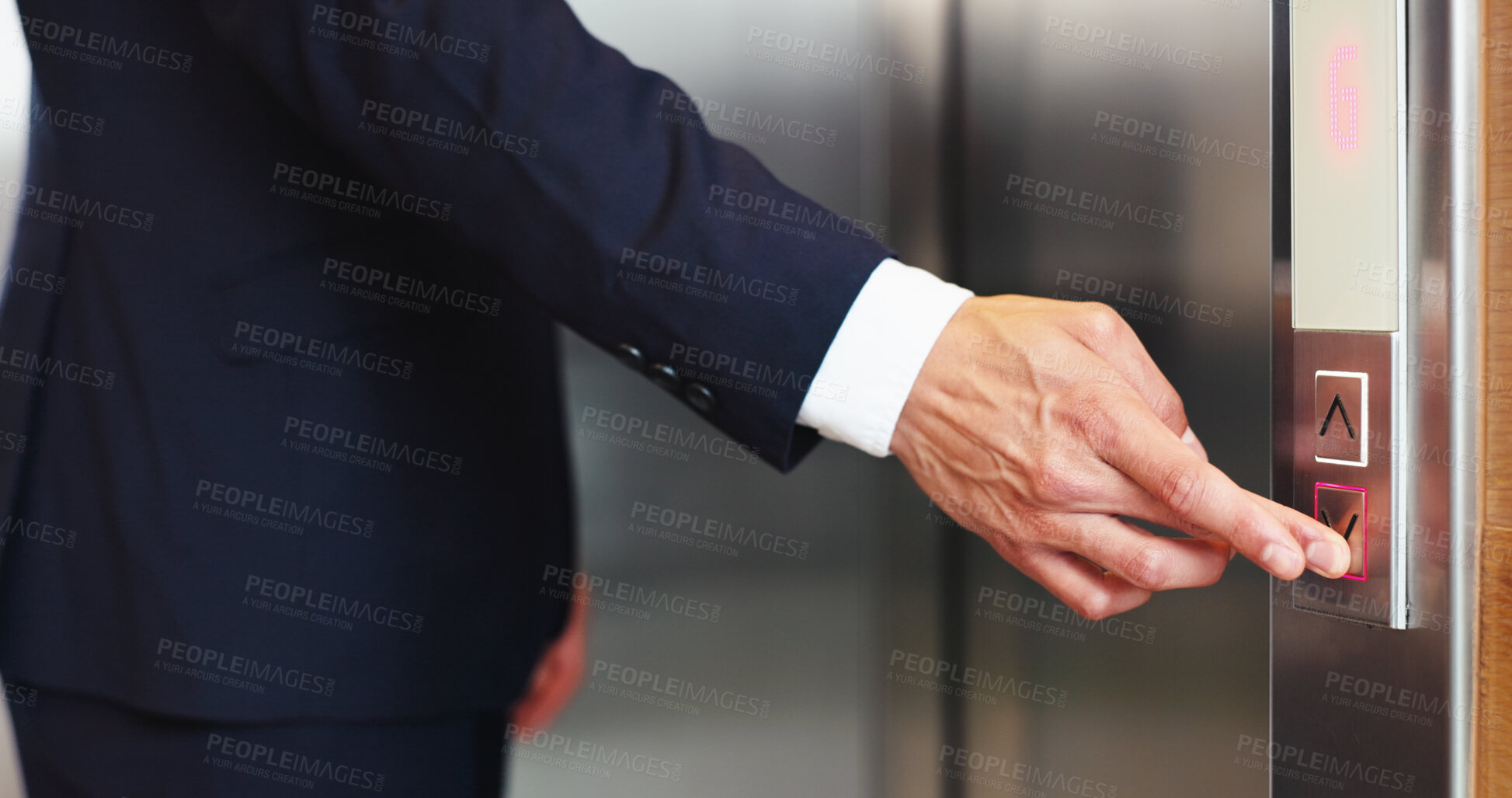 Buy stock photo Hands, business person and press elevator, transport technology and arrow to request down floor. Office, call lift and push button for travel, work trip and level choice in corporate hotel lobby