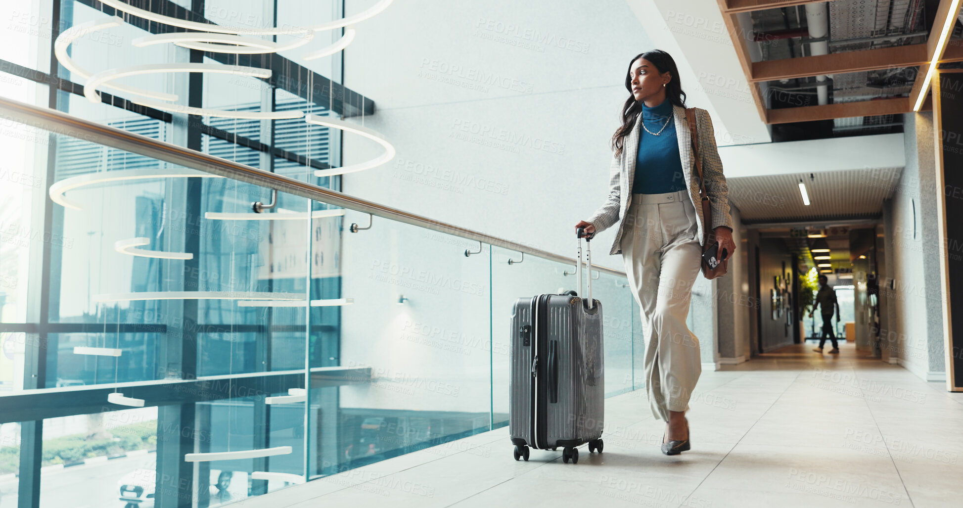 Buy stock photo Business, woman or suitcase in airport for travel, departure or thinking of flight schedule. Professional, company representative or bag in lobby for international trip, global opportunity or retreat