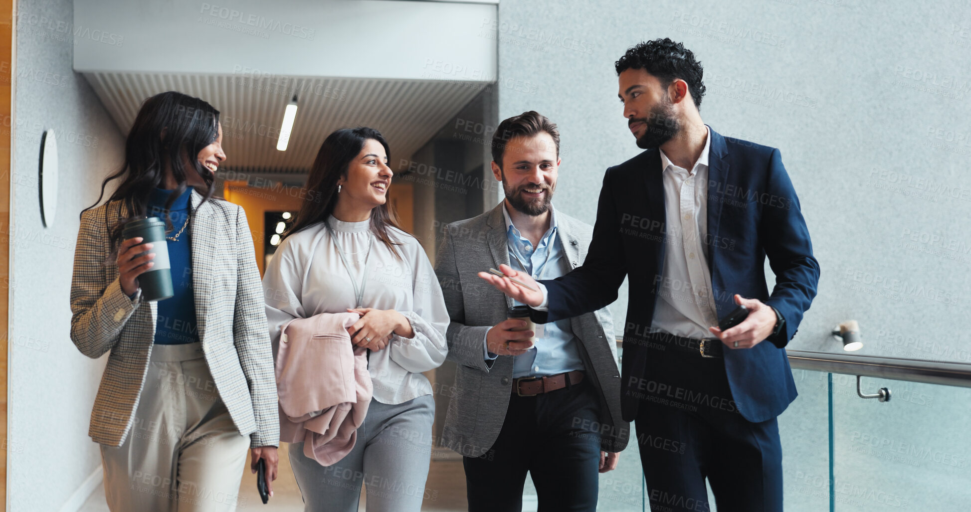 Buy stock photo Discussion, walking or business people in lobby for project, group schedule or conference hall advice. Staff, teamwork or keynote speaker with smile in meeting for networking, seminar or event review