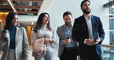Buy stock photo Discussion, walking or business people in hallway for conference or convention in office. Leave, teamwork or keynote speaker with smile or staff in lobby for networking, seminar project and event