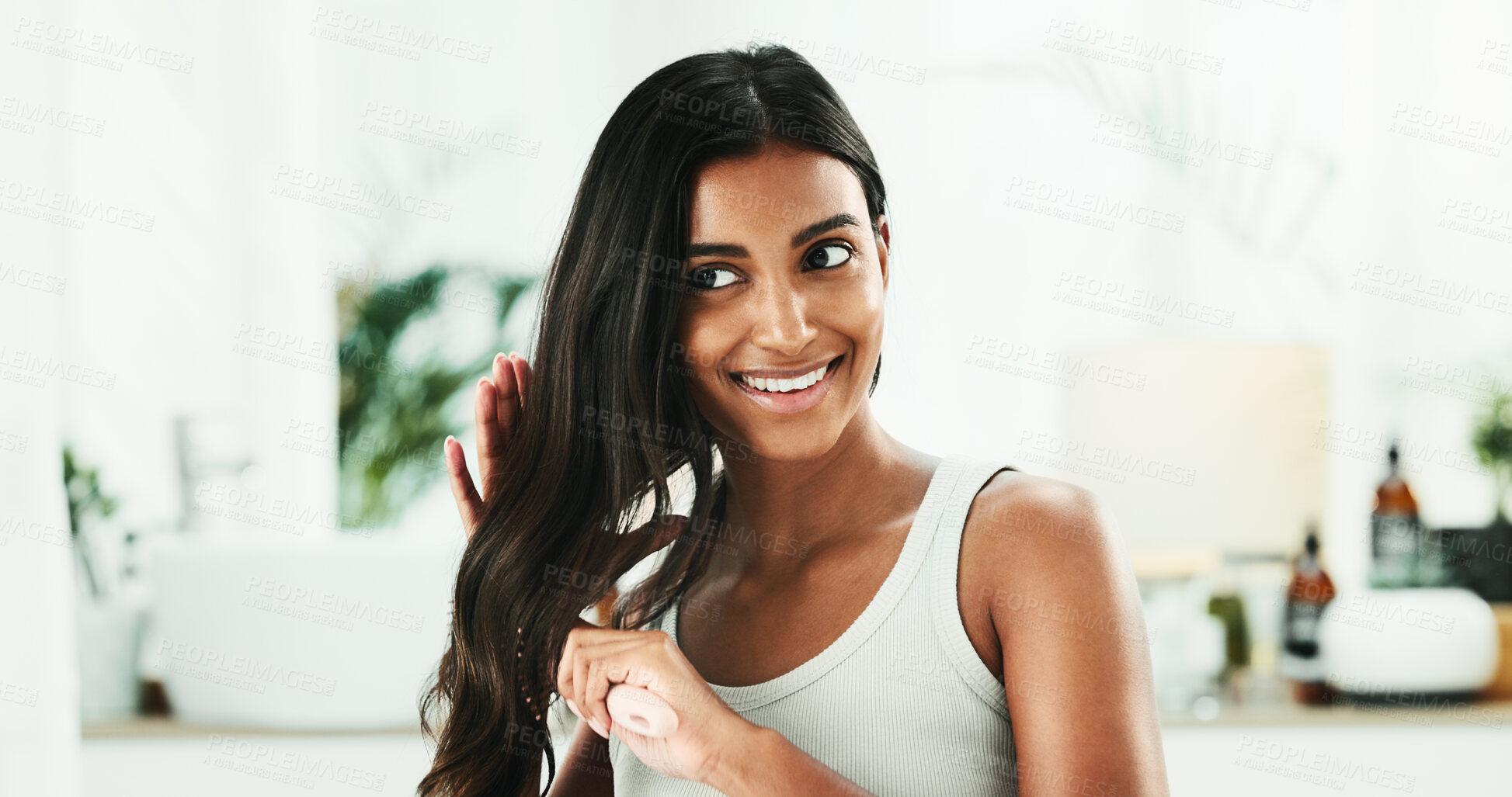 Buy stock photo Happy, woman and brush hair for haircare of healthy texture, keratin treatment and growth cosmetics. Smile, female person and tools with grooming routine, scalp maintenance and shine results at house