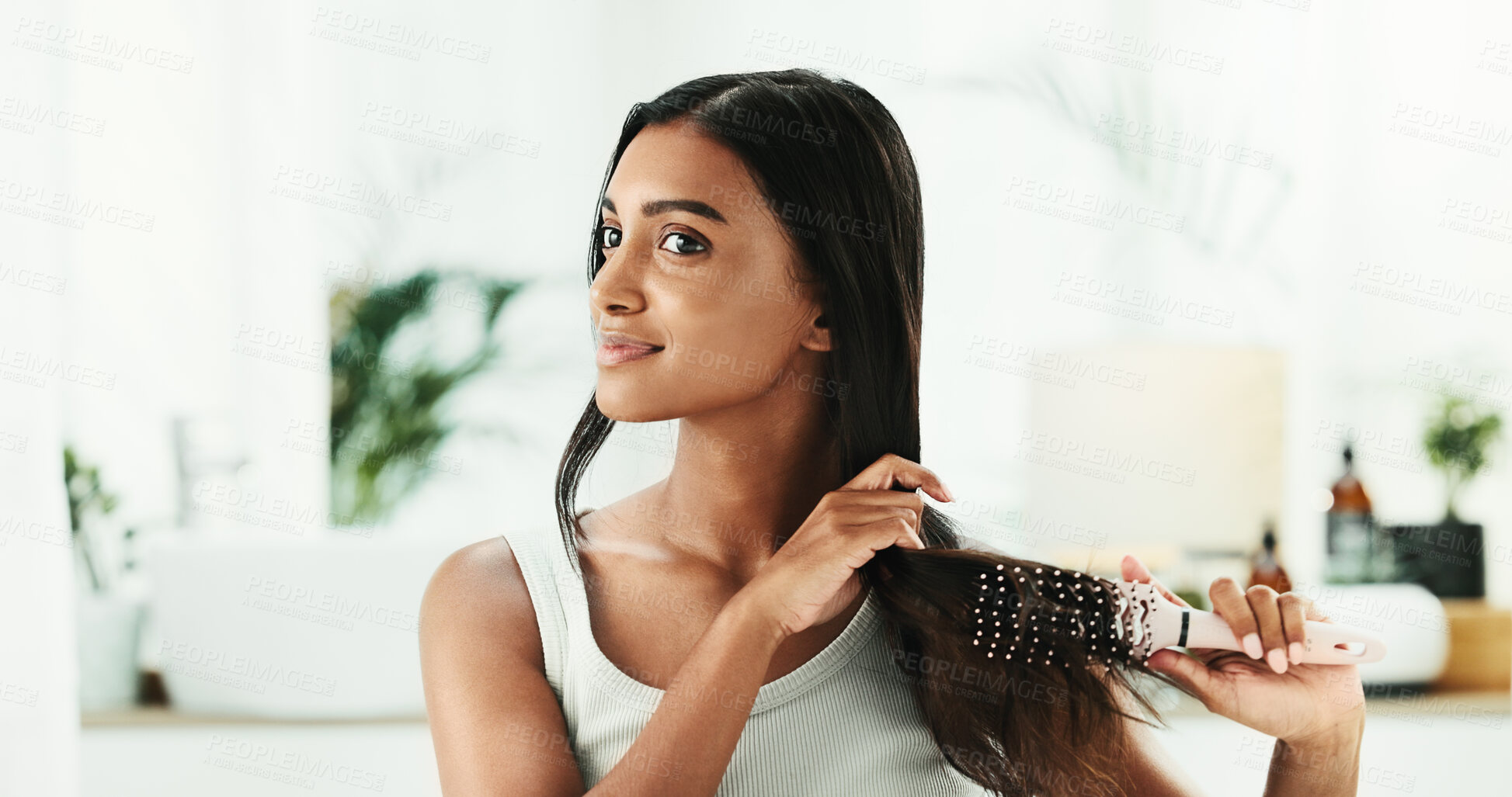 Buy stock photo Proud, woman and brush hair for haircare of healthy texture, keratin treatment and growth cosmetics. Beauty, female person and tools for grooming routine, scalp maintenance and shine results at house
