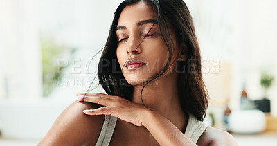 Buy stock photo Woman, beauty and hair care with healthy texture, keratin treatment and growth cosmetics. Wellness, female person and benefits with grooming routine, scalp maintenance and shine results at house