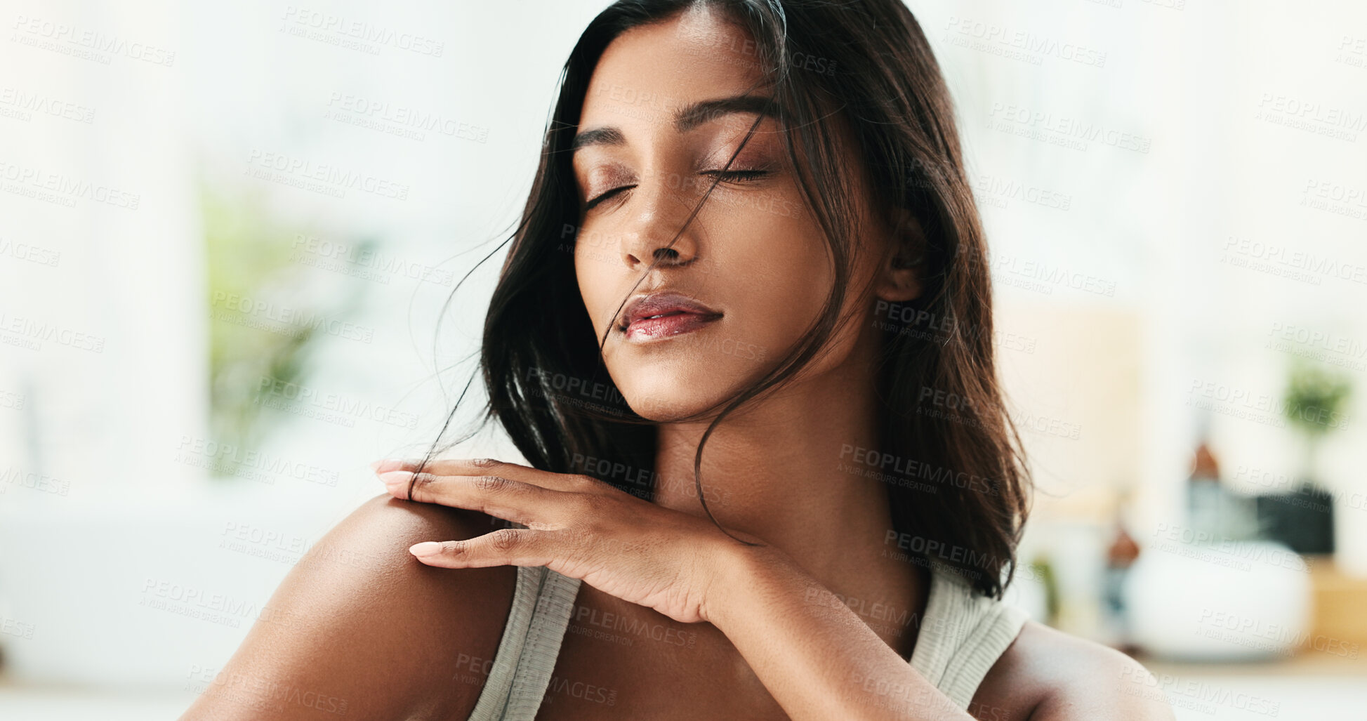 Buy stock photo Woman, beauty and hair care with healthy texture, keratin treatment and growth cosmetics. Wellness, female person and benefits with grooming routine, scalp maintenance and shine results at house