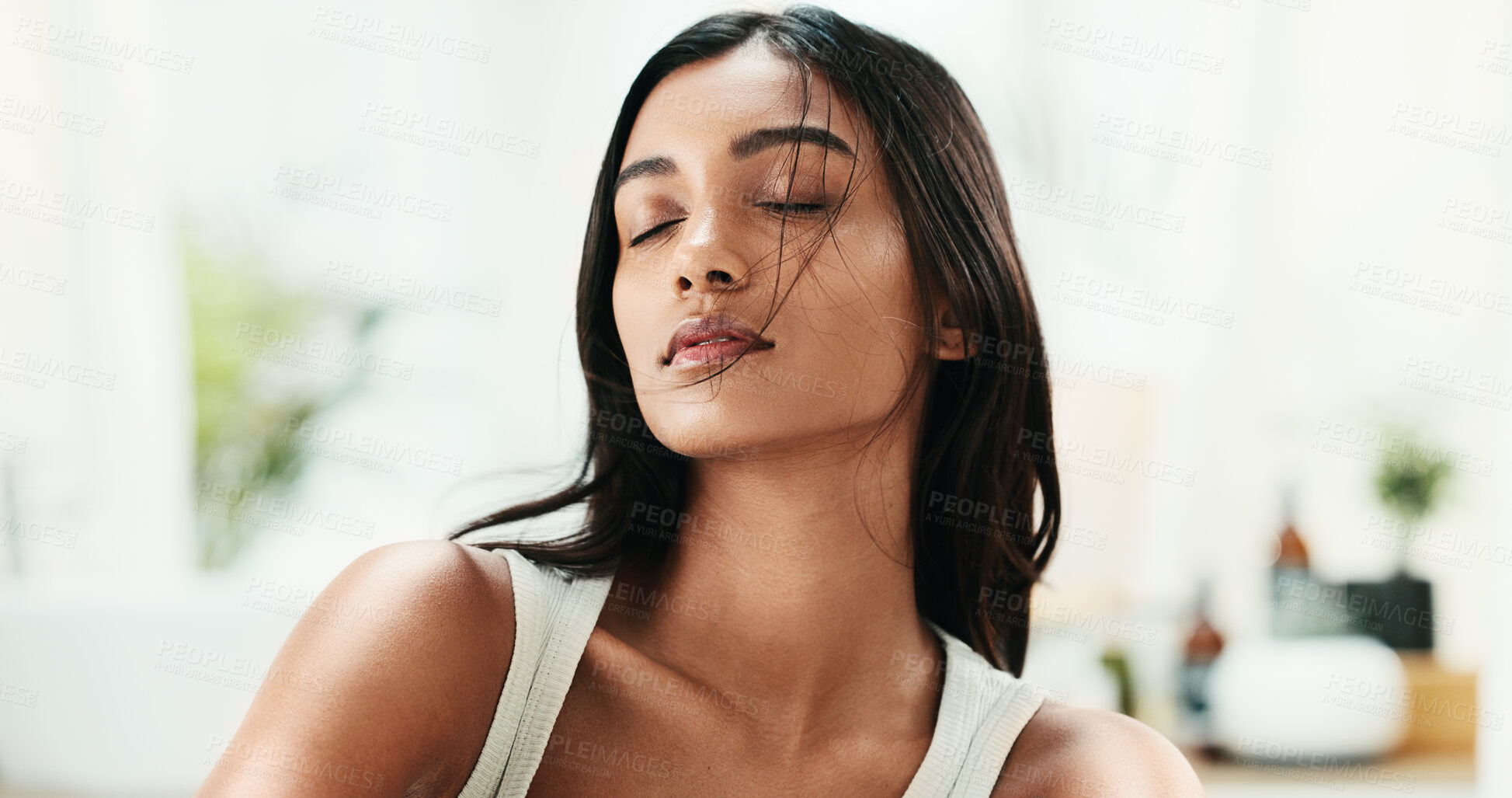 Buy stock photo Proud, woman and wind with hair care at salon for texture volume, keratin treatment and growth cosmetics. Beauty, female person and benefits with grooming routine, scalp maintenance and shine results
