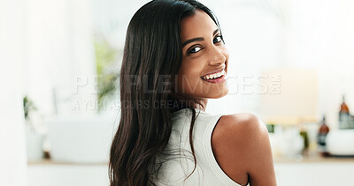 Buy stock photo Bathroom, portrait and woman with smile for hair care, growth cosmetics and soft texture with beauty. Home, female person and satisfied with treatment for hairstyle, smooth and keratin in apartment
