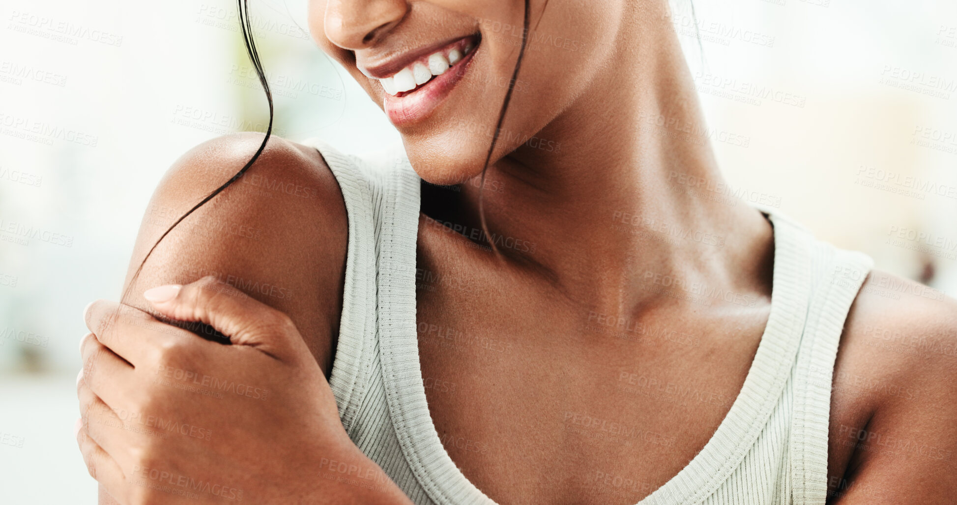 Buy stock photo Beauty, shoulder and smile with hand of woman closeup in home for natural cosmetics or skincare. Body, dermatology and vitamin C with teeth of happy person in bathroom of apartment for routine