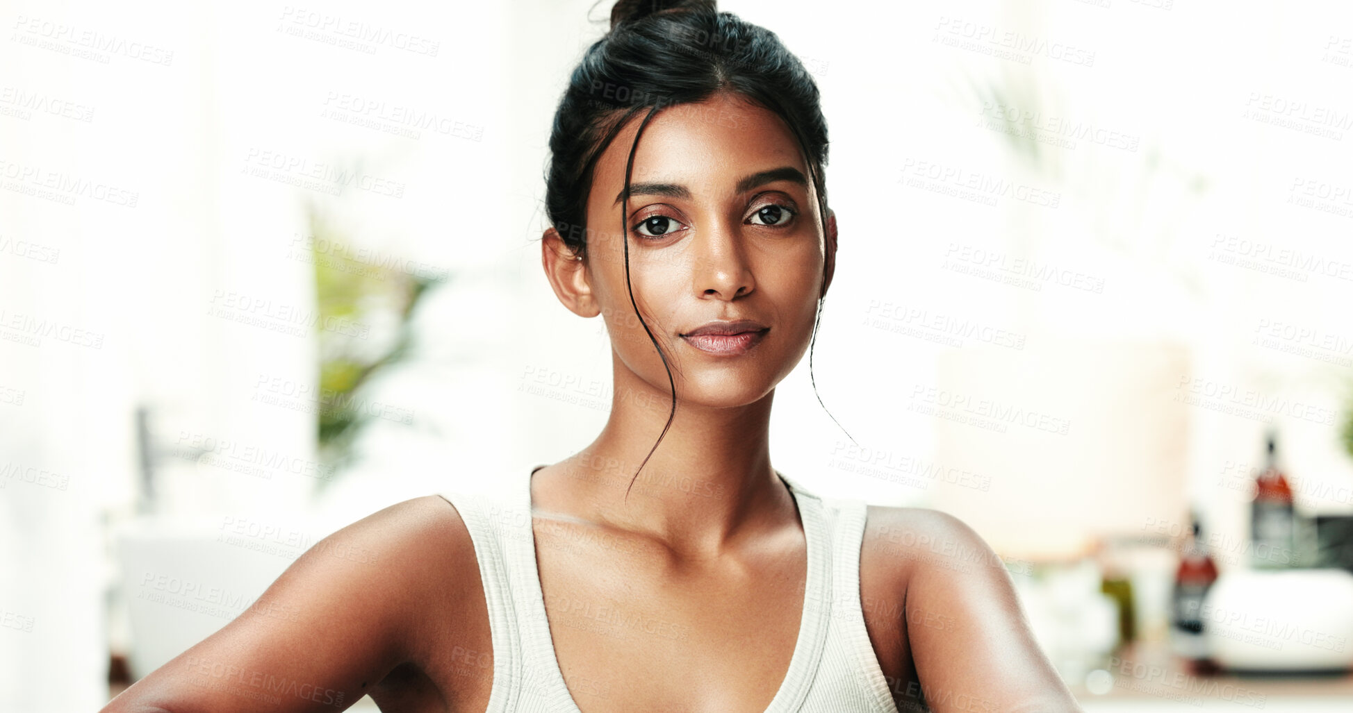 Buy stock photo Portrait, beauty and confident woman in home for skincare, morning hygiene and makeup. Face, cosmetics and Indian girl in bathroom for facial treatment, dermatology and shine with glow for aesthetic