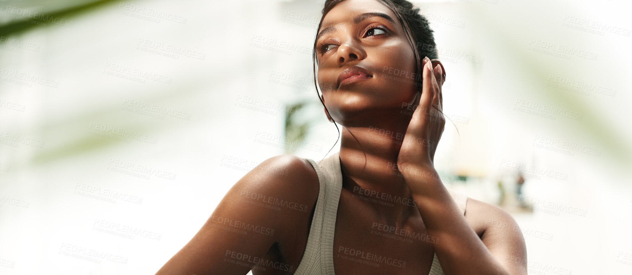 Buy stock photo Skincare, woman and cosmetics with dermatology, wellness and confidence with shine. Person, pride and girl with grooming routine, treatment for acne and glow with clear skin and aesthetic with beauty